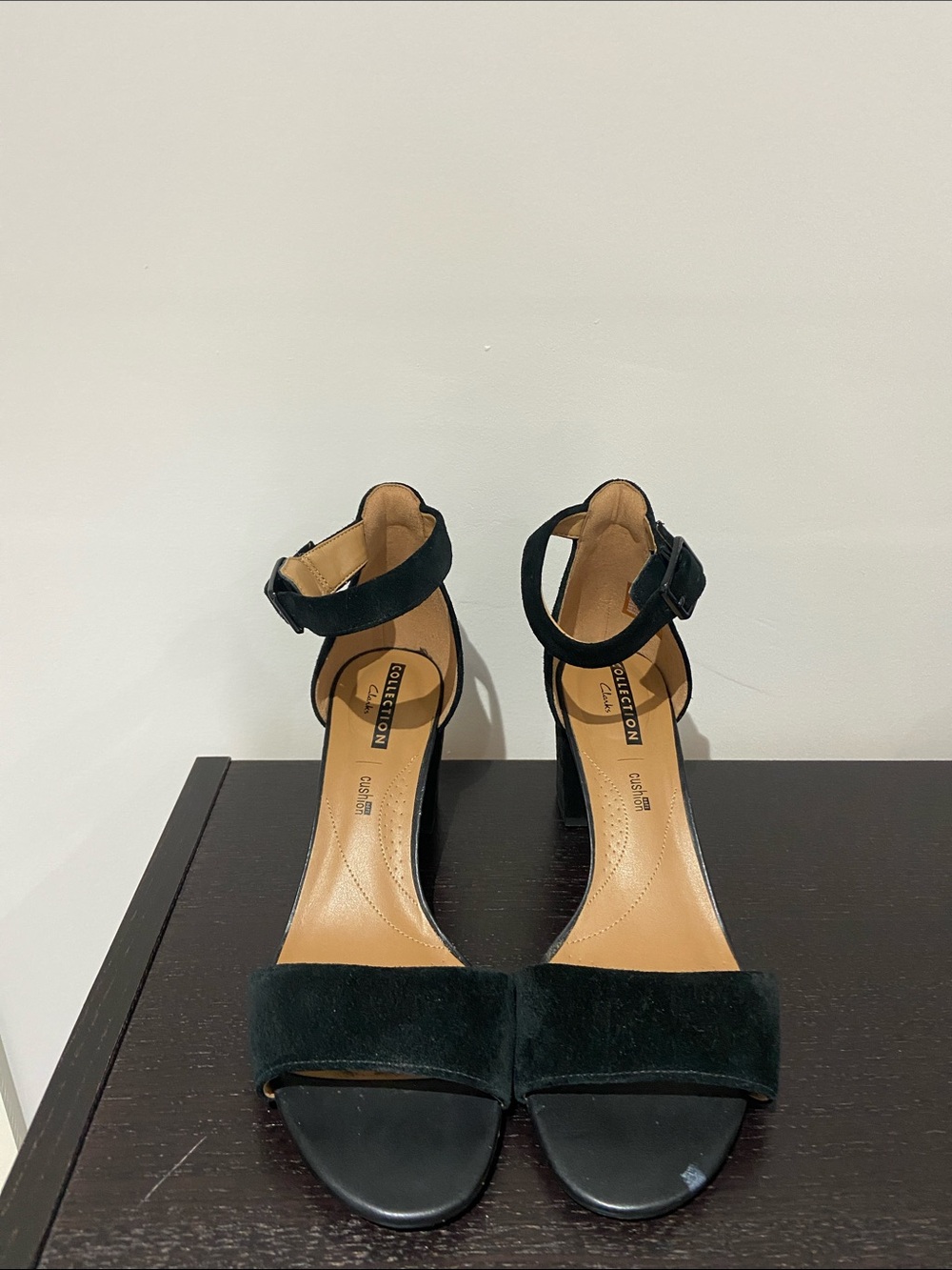Clarks Black Suede Ankle-Strap Block Heel Sandals - Size 9M